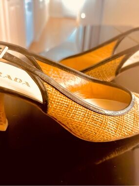 Prada Raffia and Alligator Cap Toe Slingback Heels Black Trim